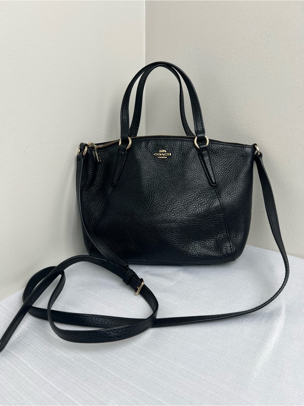 Coach Mini Kelsey Black Pebbled Leather Tote with Crossbody Strap
